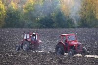 Venstre traktor: Massey Ferguson 135, sjåfør Christian Fagerås. Høyre traktor: Massey Ferguson 35x, sjåfør Hans Fekjær Jr.